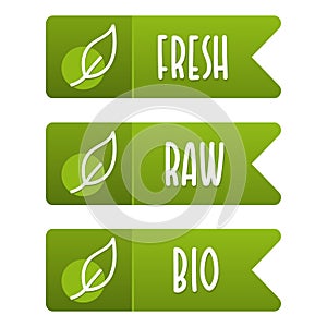Fresh, Raw and Bio vegan banner set. Eps10 Vector.