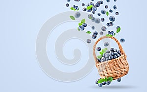 Fresh raw blueberries falling in the air isolated on the yellow background. Food levitation concept. Blueberries in a