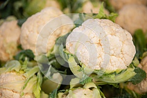 Fresh raw cauliflower sold on outdoor market. Farm seasonal spanish fruits and vegetables