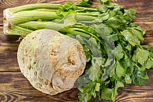 Fresh raw celeriac root head and celery green crisp petiole, ing