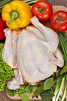 Fresh raw chicken meat with vegetables, spices and herbs ready for baking.
