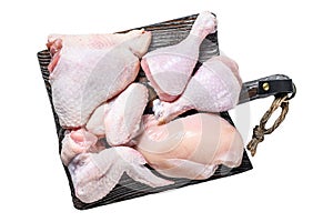 Fresh raw chicken meat, wings, breast, thigh and drumsticks. Isolated on white background. Top view.