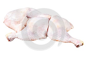 Fresh raw chicken thighs, legs on a chopping Board. Isolated on white background. Top view.