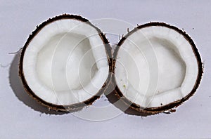 Fresh raw coconut in two pieces isolated on white background.