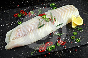 Fresh Raw Cod loin fillet with rosemary, chillies, cracked pepper and lemon on stone board