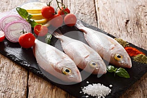 Fresh raw dorado or gilt-head sea bream fish with spices, tomatoes, onions and lemon closeup on a slate board. horizontal