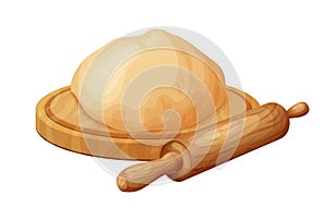 Fresh raw dough for bakind. Homemade tasty bread. Cartoon of wooden kitchen rolling pin. Vector illustration for menu