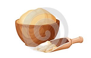 Fresh raw dough for bakind. Homemade tasty bread. Cartoon of wooden kitchen rolling pin. Vector illustration for menu