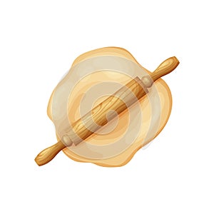 Fresh raw dough for bakind. Homemade tasty bread. Cartoon of wooden kitchen rolling pin. Vector illustration for menu