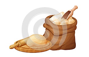 Fresh raw dough for bakind. Homemade tasty bread. Cartoon of wooden kitchen rolling pin. Vector illustration for menu