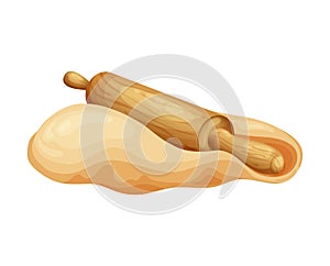 Fresh raw dough for bakind. Homemade tasty bread. Cartoon of wooden kitchen rolling pin. Vector illustration for menu