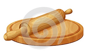 Fresh raw dough for bakind. Homemade tasty bread. Cartoon of wooden kitchen rolling pin. Vector illustration for menu