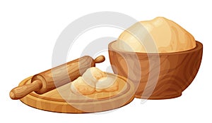 Fresh raw dough for bakind. Homemade tasty bread. Cartoon of wooden kitchen rolling pin. Vector illustration for menu