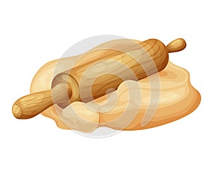 Fresh raw dough for bakind. Homemade tasty bread. Cartoon of wooden kitchen rolling pin. Vector illustration for menu