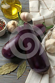 Fresh raw eggplants and spices on wooden background