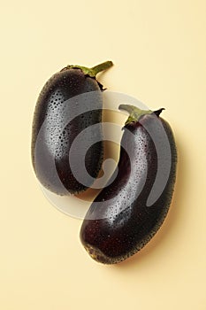 Fresh raw eggplants with water drops on beige  background