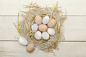 Fresh raw eggs in hen nest.