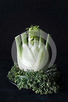Fresh raw fennel bulb with dark background and kale leaves.