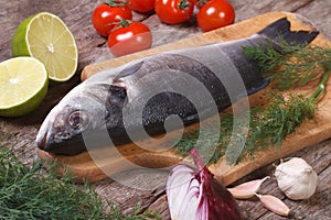 Fresh raw fish sea bass on a cutting board with vegetables