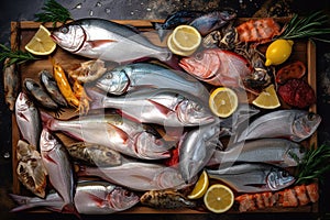 Fresh raw fish table top view.
