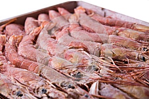 Fresh raw frozen langoustines in a box on a white background as a background