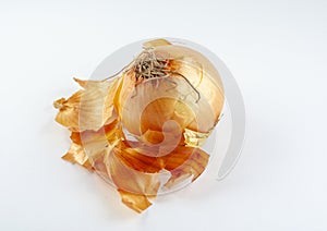 Fresh raw golden onion with onionskin, organic food vegetable, isolated object