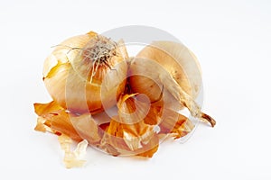 Fresh raw golden onion with onionskin, organic food vegetable, isolated object