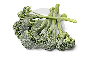 Fresh raw green bimi, broccolini, close up on white background