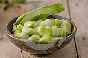 Fresh and raw green broad beans
