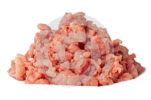 Fresh raw ground pork heap isolated on white background. Pork and beef minced meat. Isolated on white background. Horizontal view