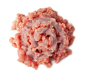 Fresh raw ground pork heap isolated on white background. Pork and beef minced meat. Top view