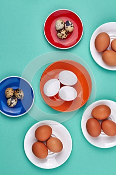 Fresh raw group of eggs on ceramic plates.