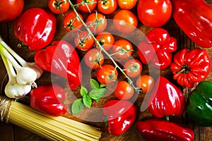 Fresh raw ingredients for pasta dinner, top view