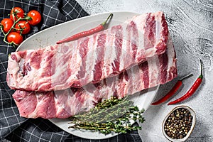 Fresh raw lamb spare ribs with spices and herbs. Gray background. Top view