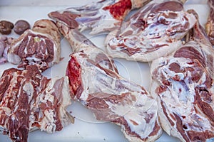 Fresh and raw meat. Assorted pieces of lamb on white background