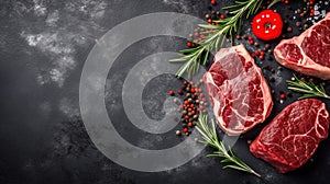 Fresh raw meat beef steaks on black wooden background, top view, text copy space, Red meat steaks, spices, herbs, seasoning