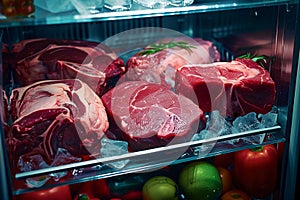 Fresh raw meat displayed on shelf inside open refrigerator