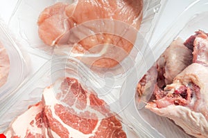 Fresh raw meat in package in plastic box, Close-up of meat in plate over light background