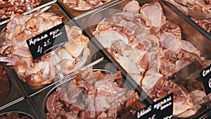 Fresh Raw Meat with Price Tags on the Showcase in the Store