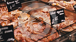 Fresh Raw Meat with Price Tags on the Showcase in the Store