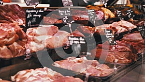 Fresh raw meat with price tags on the showcase in the store