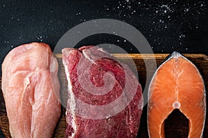 Fresh raw meat, salmon and chicken fillet on wooden cutting board on black background. Natural food high in protein. Top view.