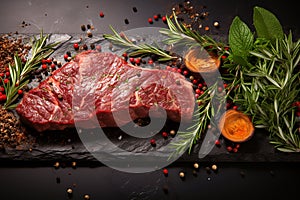 Fresh raw meat on slate black board top view, beef steak, spices, seasoning for cooking