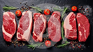 Fresh raw meat on slate black board top view, Variety of raw beef steak, spices, seasoning, herbs for cooking, grilling