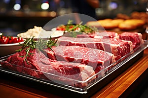 Fresh raw meat on slate board top view, beef steak, spices, seasoning for cooking, grilling, black angus prime