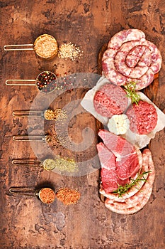 Fresh raw meat and spices. Barbecue set. View from above.