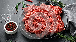 Fresh Raw mince, Minced beef, ground meat with herbs and spices on black plate