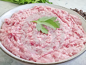 Fresh raw minced meat, parsley pepper  a concrete background
