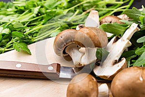 Fresh raw mushrooms brown mushrooms and green arugula on a wooden background. Shiitake Selective focus