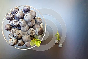 Fresh raw organic blueberries with leaf in in a glass wine glass